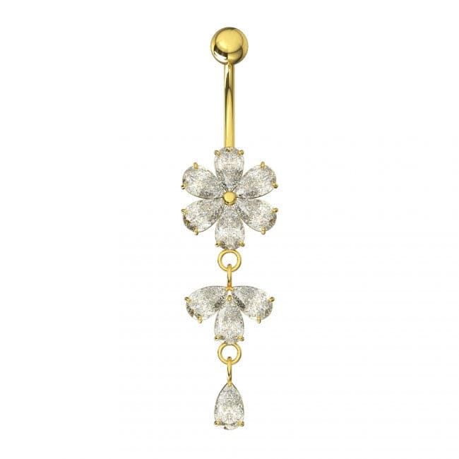 925 Sterling Silver Moving Flower Designed CZ Jewelled Navel Ring