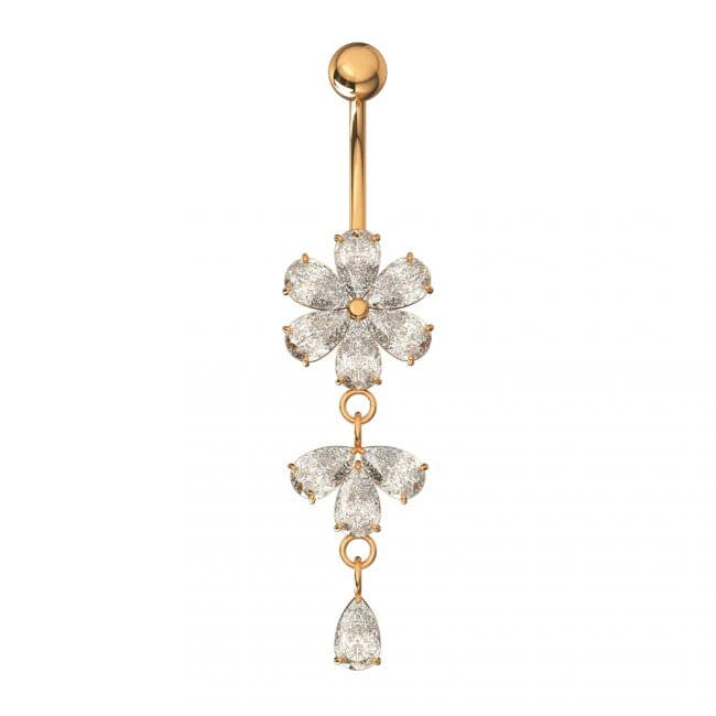 925 Sterling Silver Moving Flower Designed CZ Jewelled Navel Ring