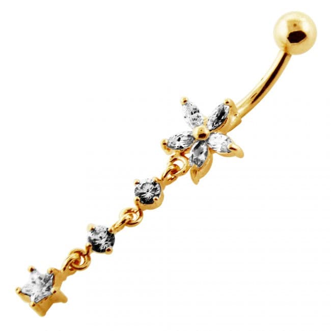 925 Sterling Silver Jewelled Moving Flower Design Belly Ring