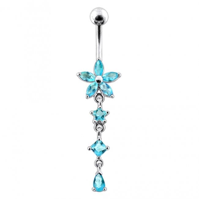 925 Sterling Silver Flower and Star Dangling Belly Ring