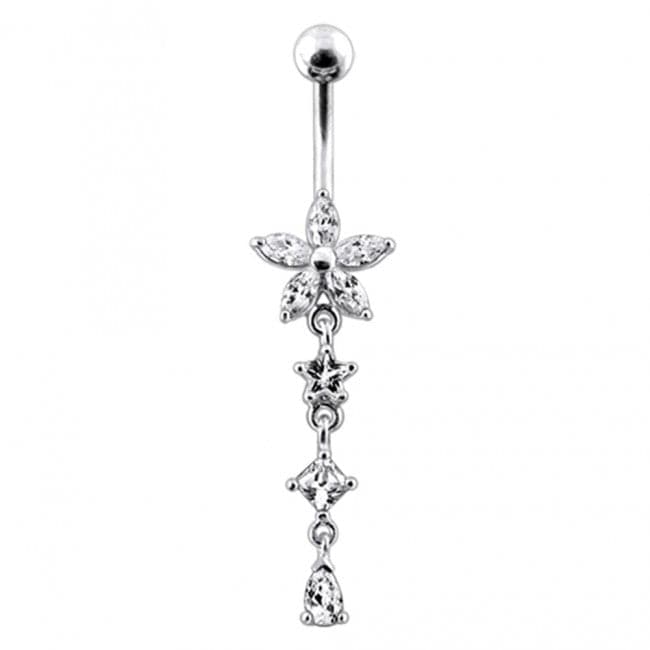925 Sterling Silver Flower and Star Dangling Belly Ring