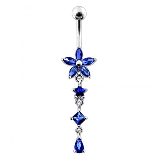 925 Sterling Silver Flower and Star Dangling Belly Ring