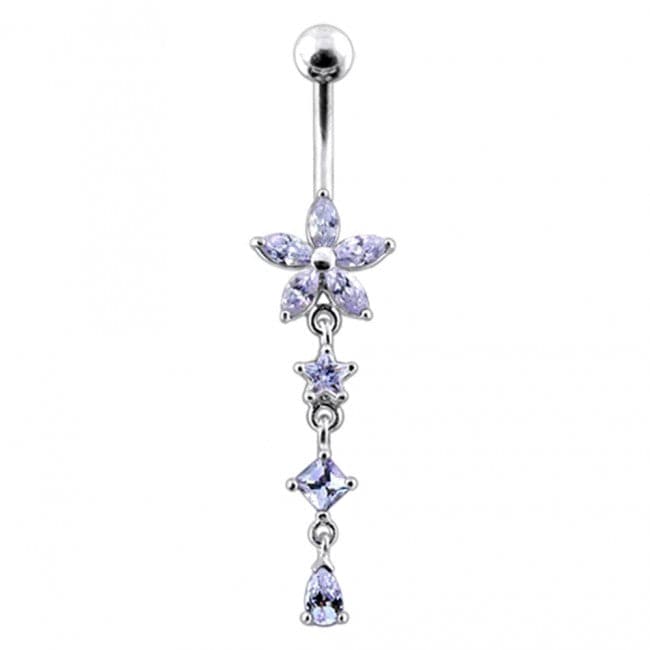 925 Sterling Silver Flower and Star Dangling Belly Ring