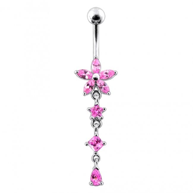 925 Sterling Silver Flower and Star Dangling Belly Ring