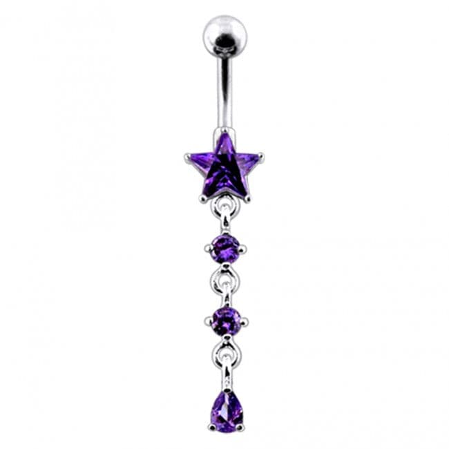 925 Sterling Silver Star and Gemstone Dangling Belly Ring