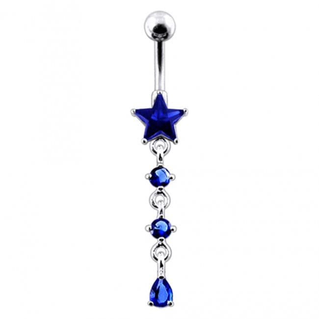 925 Sterling Silver Star and Gemstone Dangling Belly Ring