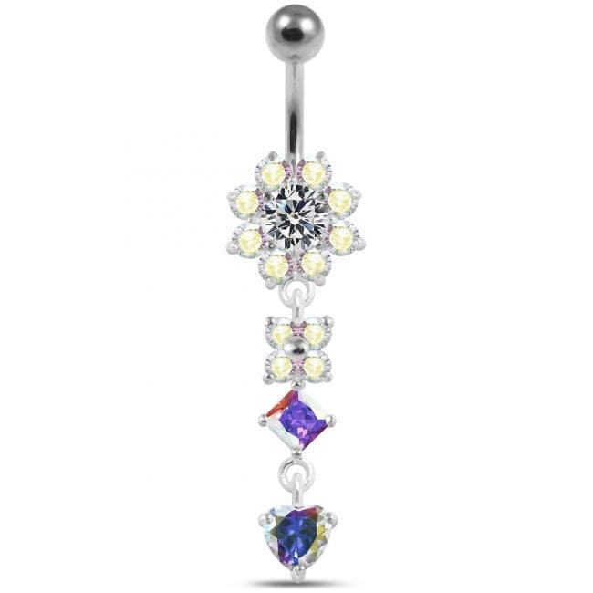925 Sterling Silver Flower Jewelled Dangling 316L SS Curved Belly Ring