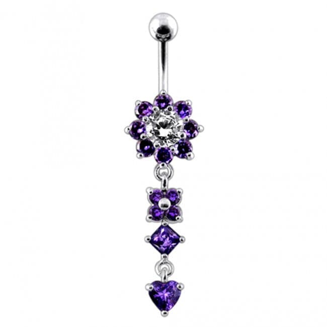 925 Sterling Silver Flower Jewelled Dangling 316L SS Curved Belly Ring