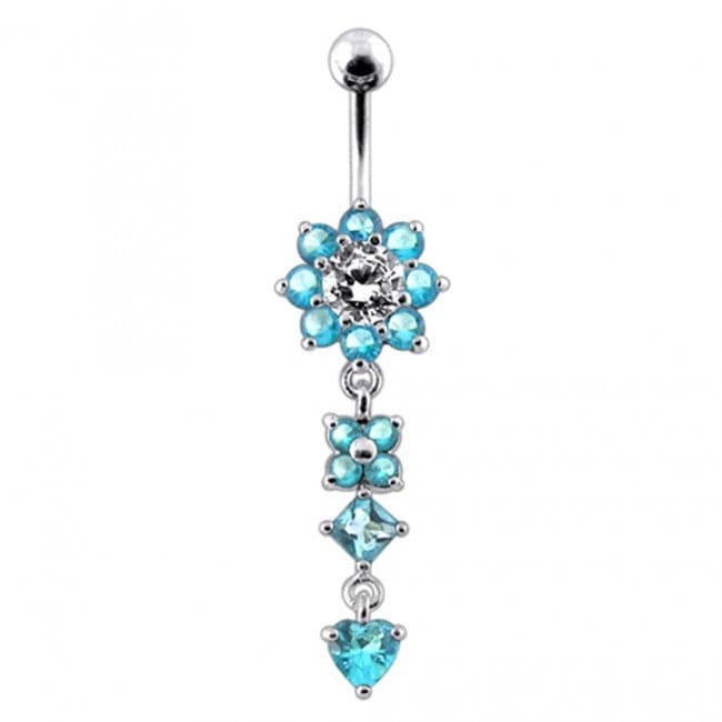925 Sterling Silver Flower Jewelled Dangling 316L SS Curved Belly Ring