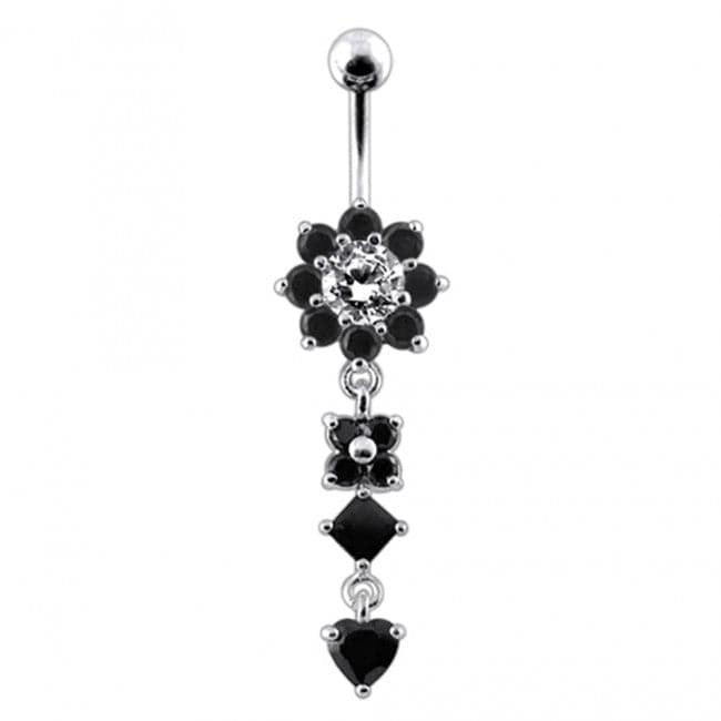 925 Sterling Silver Flower Jewelled Dangling 316L SS Curved Belly Ring