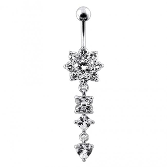 925 Sterling Silver Flower Jewelled Dangling 316L SS Curved Belly Ring