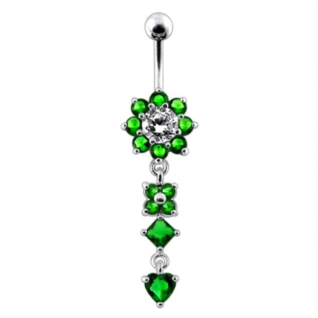925 Sterling Silver Flower Jewelled Dangling 316L SS Curved Belly Ring