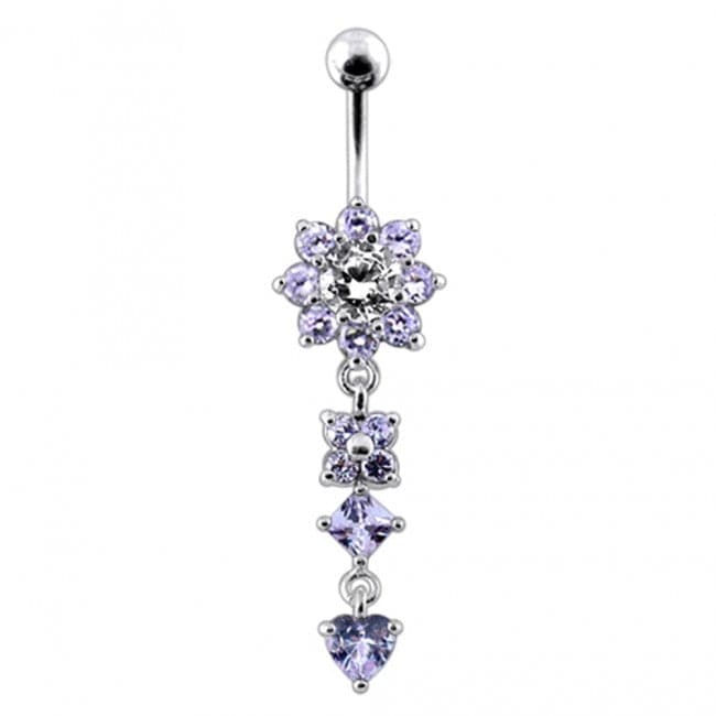 925 Sterling Silver Flower Jewelled Dangling 316L SS Curved Belly Ring