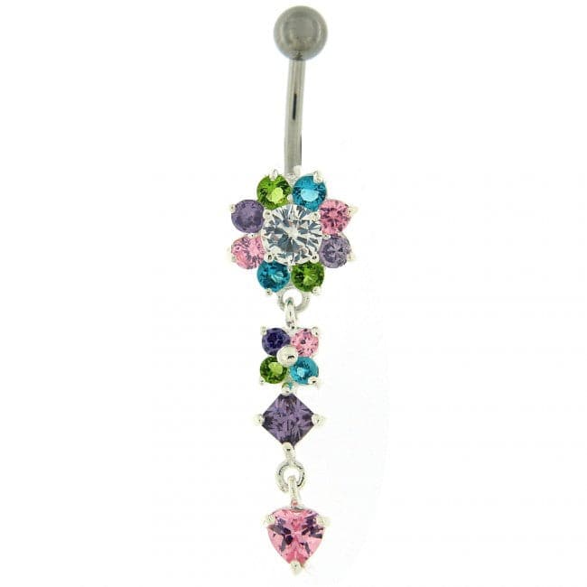925 Sterling Silver Flower Jewelled Dangling 316L SS Curved Belly Ring