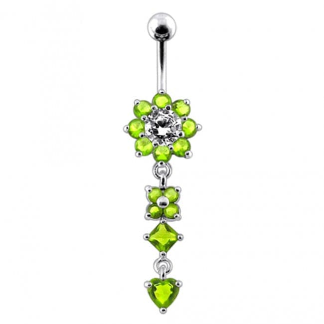 925 Sterling Silver Flower Jewelled Dangling 316L SS Curved Belly Ring