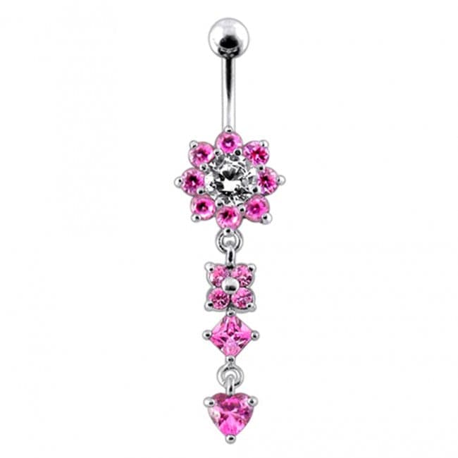 925 Sterling Silver Flower Jewelled Dangling 316L SS Curved Belly Ring