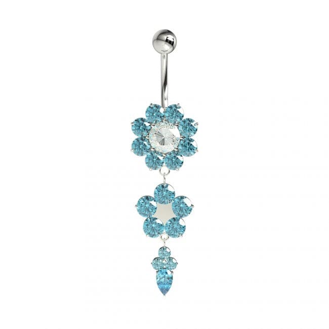 925 Sterling Silver Double Flower Silver Dangling SS Curved Bar Belly Ring