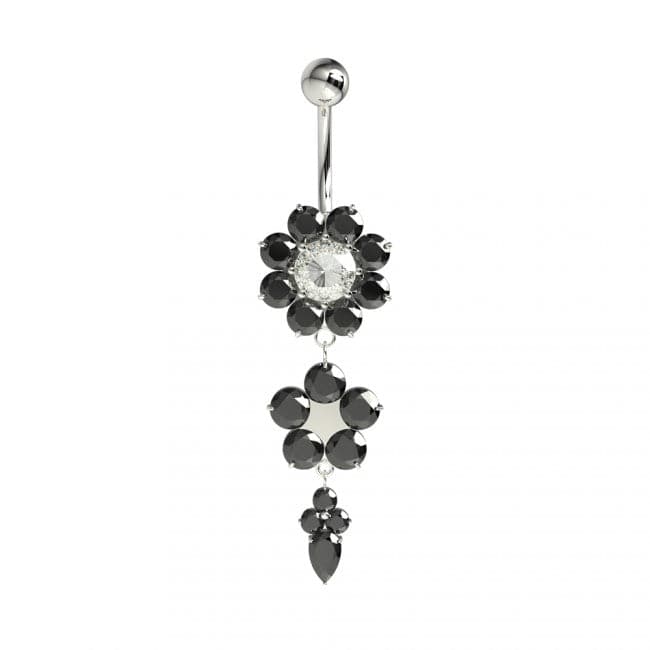 925 Sterling Silver Double Flower Silver Dangling SS Curved Bar Belly Ring
