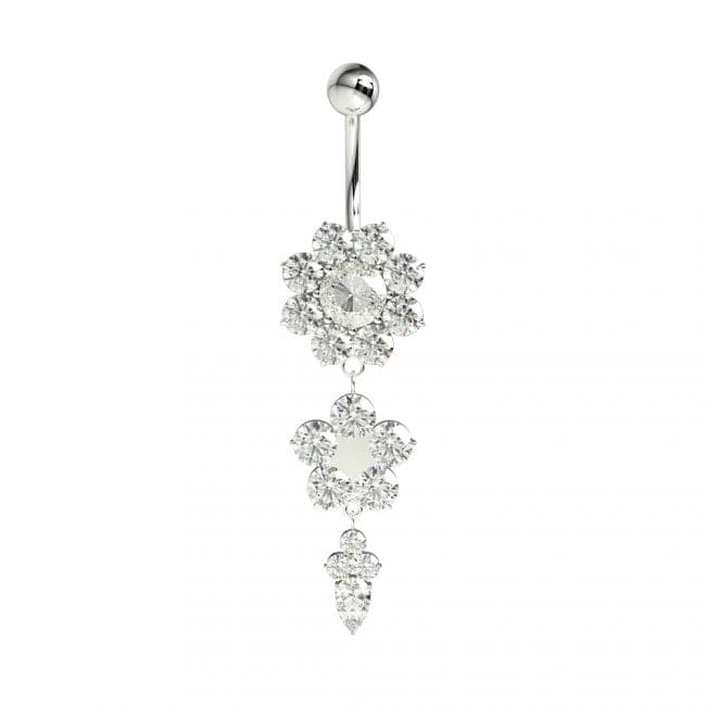 925 Sterling Silver Double Flower Silver Dangling SS Curved Bar Belly Ring