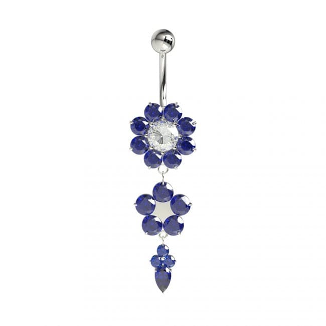 925 Sterling Silver Double Flower Silver Dangling SS Curved Bar Belly Ring