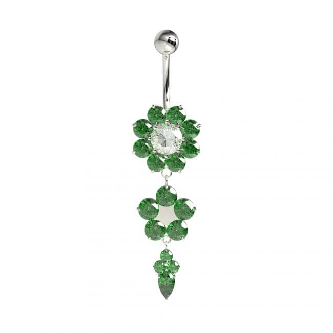 925 Sterling Silver Double Flower Silver Dangling SS Curved Bar Belly Ring