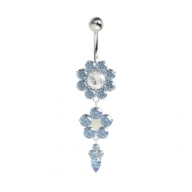 925 Sterling Silver Double Flower Silver Dangling SS Curved Bar Belly Ring