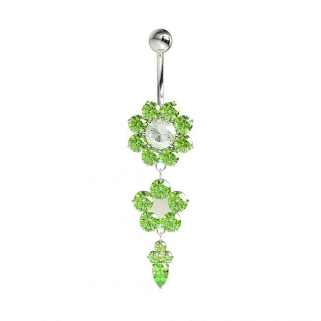 925 Sterling Silver Double Flower Silver Dangling SS Curved Bar Belly Ring