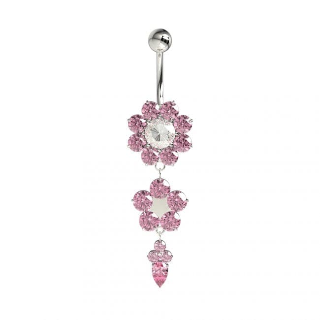925 Sterling Silver Double Flower Silver Dangling SS Curved Bar Belly Ring