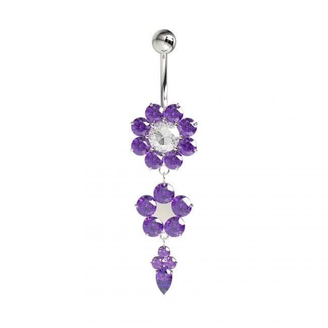 925 Sterling Silver Double Flower Silver Dangling SS Curved Bar Belly Ring