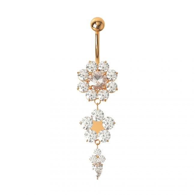 925 Sterling Silver Double Flower Silver Dangling SS Curved Bar Belly Ring