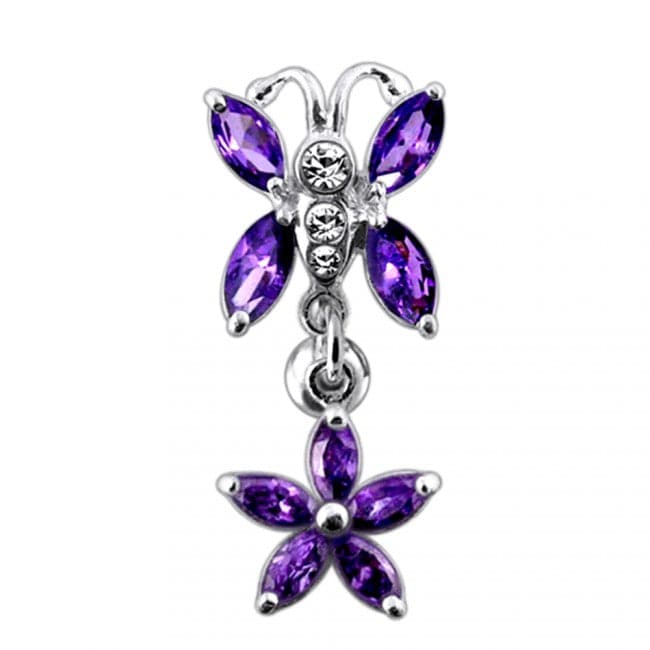925 Sterling Silver Butterfly Flower Dangling Belly Ring
