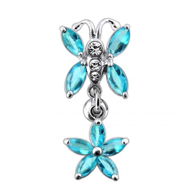 925 Sterling Silver Butterfly Flower Dangling Belly Ring