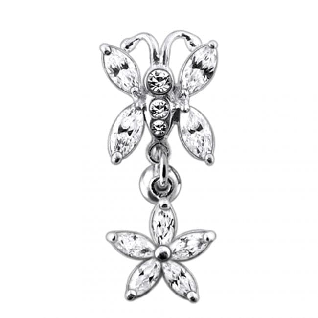 925 Sterling Silver Butterfly Flower Dangling Belly Ring