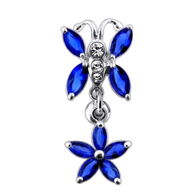 925 Sterling Silver Butterfly Flower Dangling Belly Ring