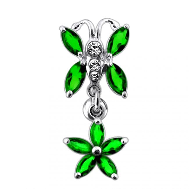 925 Sterling Silver Butterfly Flower Dangling Belly Ring