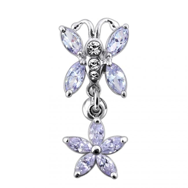 925 Sterling Silver Butterfly Flower Dangling Belly Ring