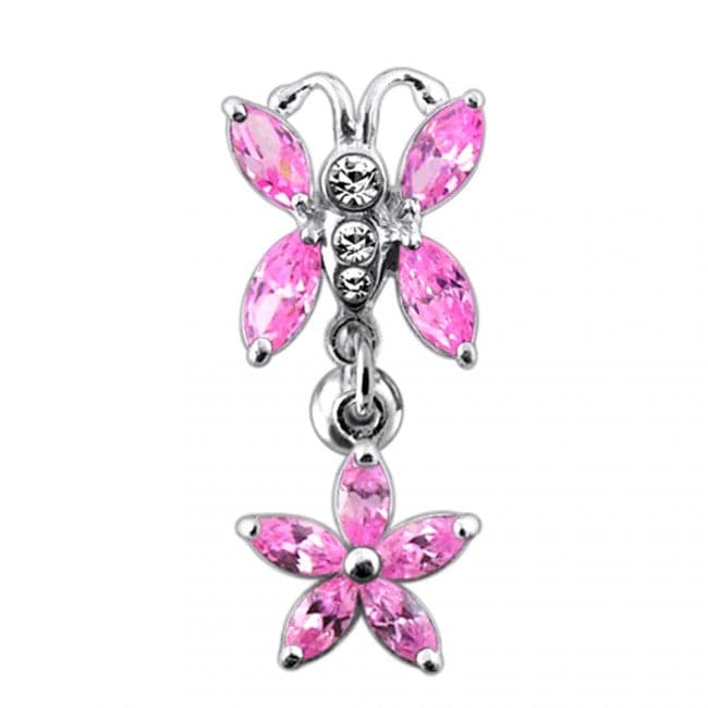 925 Sterling Silver Butterfly Flower Dangling Belly Ring
