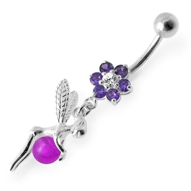 925 Sterling Silver Angel Flower & Ball Jewelled Belly Ring