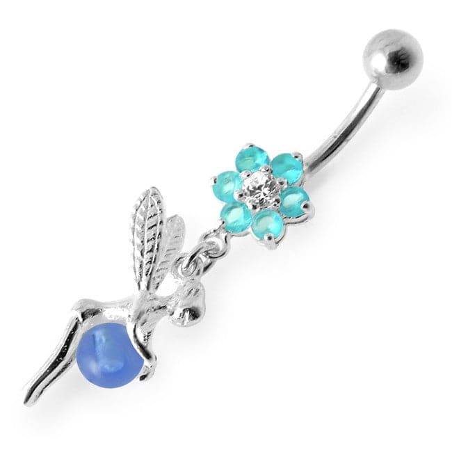 925 Sterling Silver Angel Flower & Ball Jewelled Belly Ring