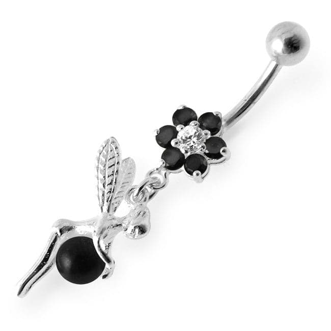 925 Sterling Silver Angel Flower & Ball Jewelled Belly Ring