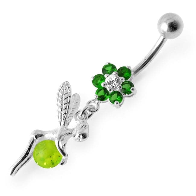 925 Sterling Silver Angel Flower & Ball Jewelled Belly Ring