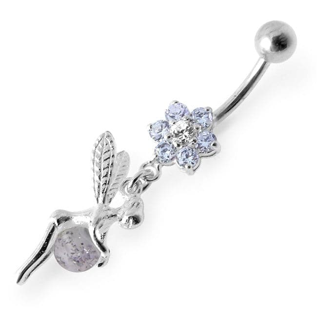 925 Sterling Silver Angel Flower & Ball Jewelled Belly Ring