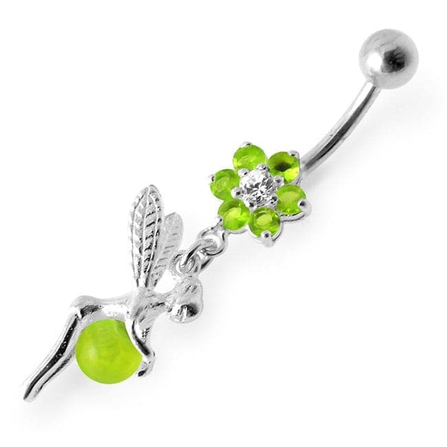 925 Sterling Silver Angel Flower & Ball Jewelled Belly Ring