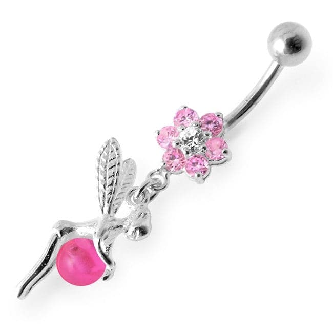 925 Sterling Silver Angel Flower & Ball Jewelled Belly Ring