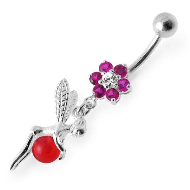 925 Sterling Silver Angel Flower & Ball Jewelled Belly Ring
