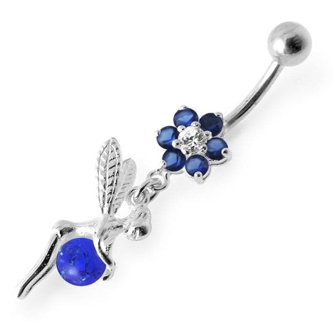925 Sterling Silver Angel Flower & Ball Jewelled Belly Ring