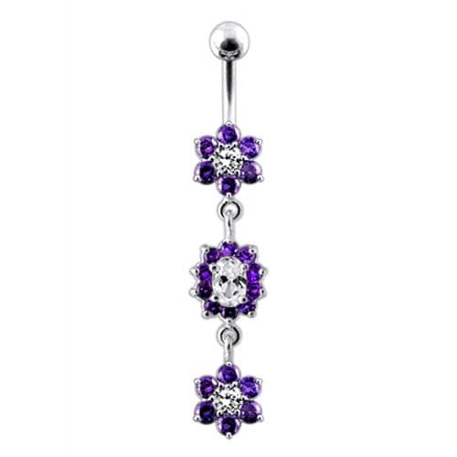 925 Sterling Silver Triple Flowers Jewelled Dangling Belly Ring