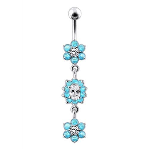 925 Sterling Silver Triple Flowers Jewelled Dangling Belly Ring