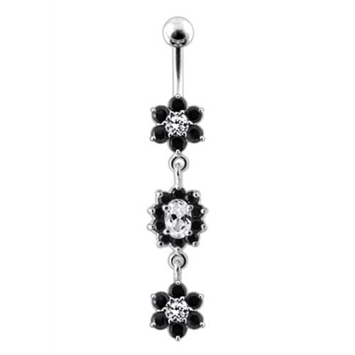 925 Sterling Silver Triple Flowers Jewelled Dangling Belly Ring