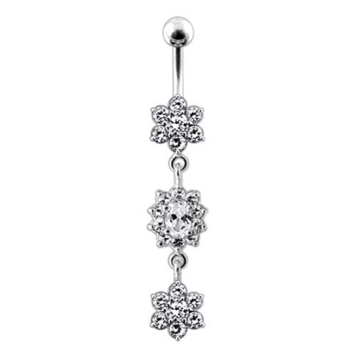925 Sterling Silver Triple Flowers Jewelled Dangling Belly Ring